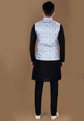 Digital Printed Art Silk Kurta Set in Black and Light Blue
