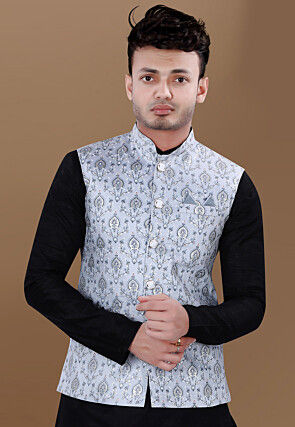 Digital Printed Art Silk Kurta Set in Black and Light Blue