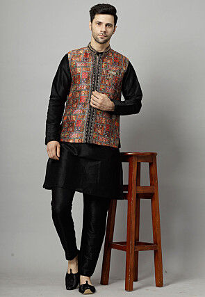Digital Printed Art Silk Kurta Set in Black and Multicolor