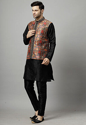 Digital Printed Art Silk Kurta Set in Black and Multicolor