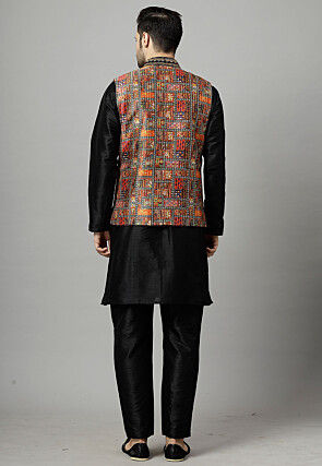 Digital Printed Art Silk Kurta Set in Black and Multicolor