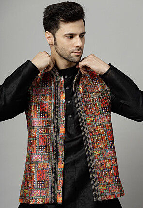 Digital Printed Art Silk Kurta Set in Black and Multicolor