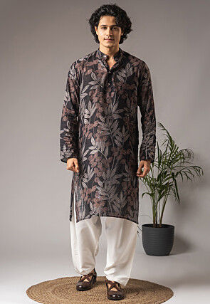 Digital Printed Art Silk Kurta Set in Black
