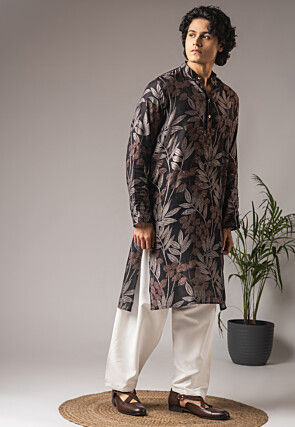 Digital Printed Art Silk Kurta Set in Black