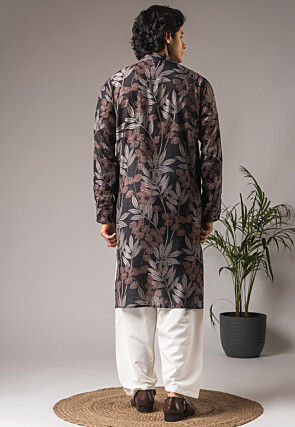 Digital Printed Art Silk Kurta Set in Black