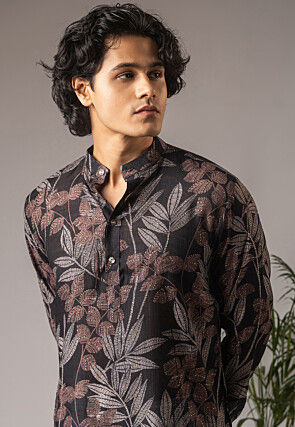 Digital Printed Art Silk Kurta Set in Black