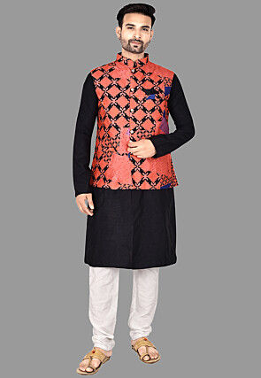 Digital Printed Art Silk Kurta Set in Black and Red