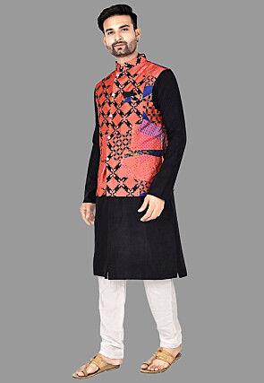 Digital Printed Art Silk Kurta Set in Black and Red