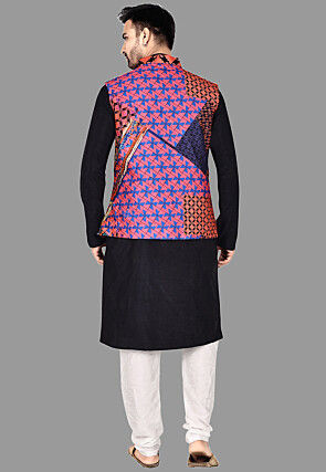 Digital Printed Art Silk Kurta Set in Black and Red