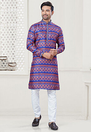 Digital Printed Art Silk Kurta Set in Blue