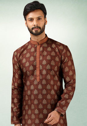 Digital Printed Art Silk Kurta Set in Brown