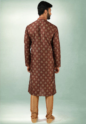 Digital Printed Art Silk Kurta Set in Brown