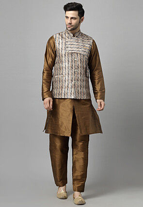 Digital Printed Art Silk Kurta Set in Brown