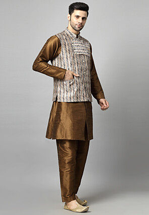 Digital Printed Art Silk Kurta Set in Brown