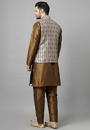 Digital Printed Art Silk Kurta Set in Brown