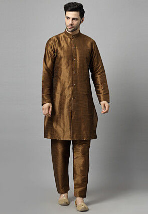 Digital Printed Art Silk Kurta Set in Brown