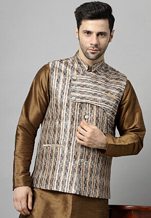 Digital Printed Art Silk Kurta Set in Brown