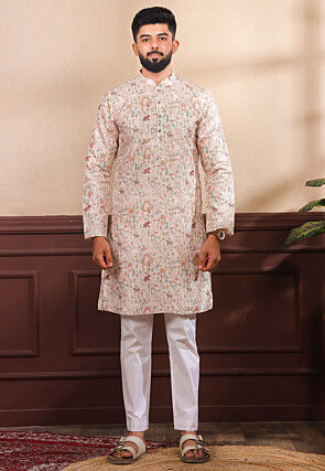 Digital Printed Art Silk Kurta Set in Cream