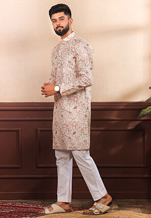 Digital Printed Art Silk Kurta Set in Cream