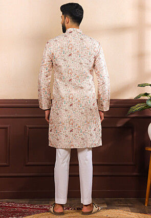 Digital Printed Art Silk Kurta Set in Cream