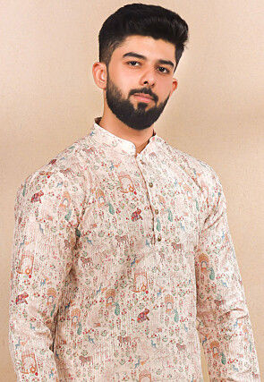 Digital Printed Art Silk Kurta Set in Cream
