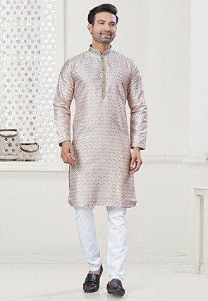 Digital Printed Art Silk Kurta Set in Cream