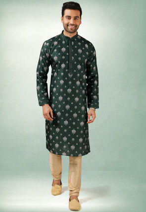 Digital Printed Art Silk Kurta Set in Dark Green
