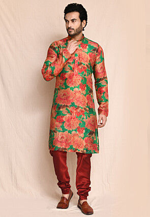 Digital Printed Art Silk Kurta Set in Green