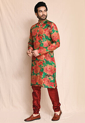Digital Printed Art Silk Kurta Set in Green