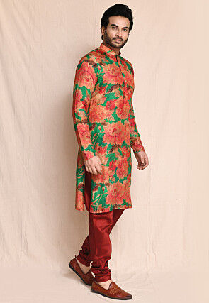 Digital Printed Art Silk Kurta Set in Green