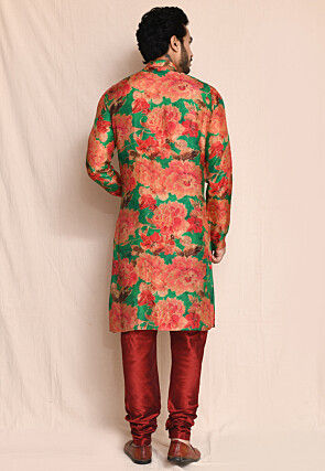 Digital Printed Art Silk Kurta Set in Green