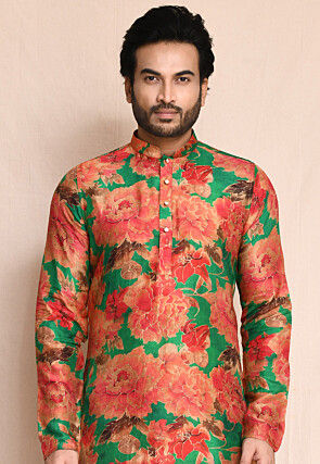 Digital Printed Art Silk Kurta Set in Green