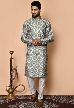 Digital Printed Art Silk Kurta Set in Grey and White