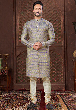 Digital Printed Art Silk Kurta Set in Grey