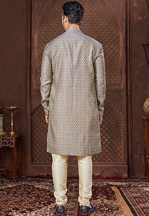 Digital Printed Art Silk Kurta Set in Grey