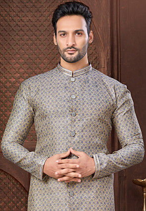 Digital Printed Art Silk Kurta Set in Grey