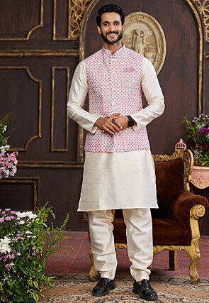 Digital Printed Art Silk Kurta Set in Light Beige and Light Purple