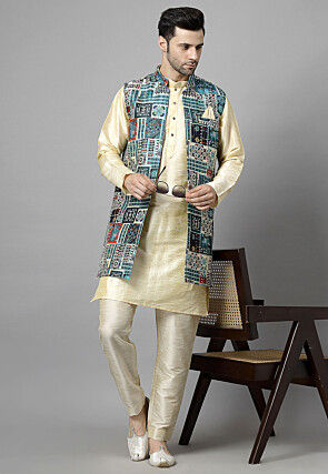 Digital Printed Art Silk Kurta Set in Light Beige and Multicolor