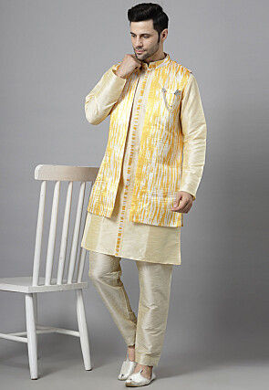 Digital Printed Art Silk Kurta Set in Light Beige and Yellow