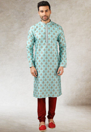 Digital Printed Art Silk Kurta Set in Light Blue