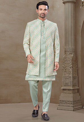 Digital Printed Art Silk Kurta Set in Light Green and Beige