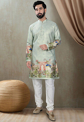 Digital Printed Art Silk Kurta Set in Light Green