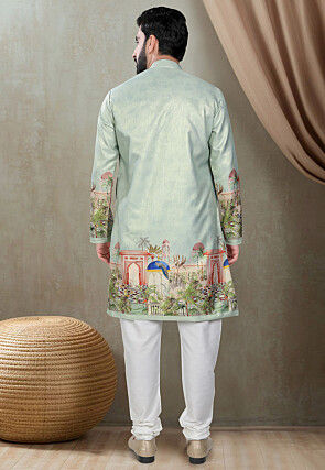 Digital Printed Art Silk Kurta Set in Light Green