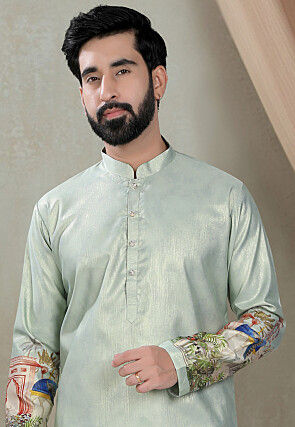 Digital Printed Art Silk Kurta Set in Light Green