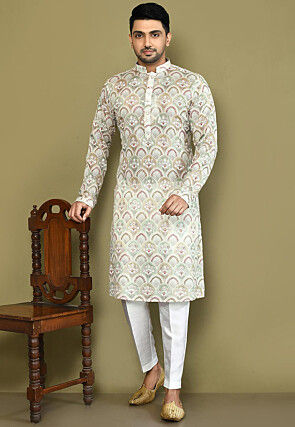 Digital Printed Art Silk Kurta Set in Light Green