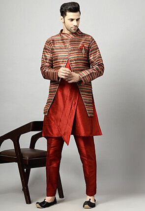 Digital Printed Raw Silk Sherwani in Maroon and Multicolor