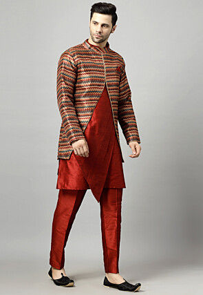 Digital Printed Raw Silk Sherwani in Maroon and Multicolor