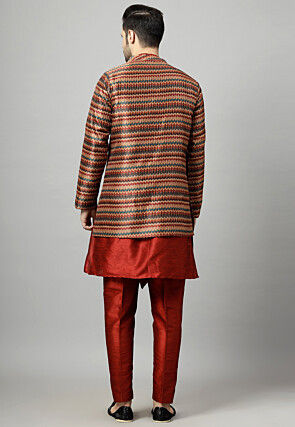 Digital Printed Raw Silk Sherwani in Maroon and Multicolor
