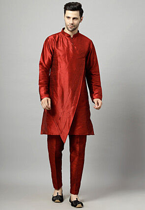 Digital Printed Raw Silk Sherwani in Maroon and Multicolor