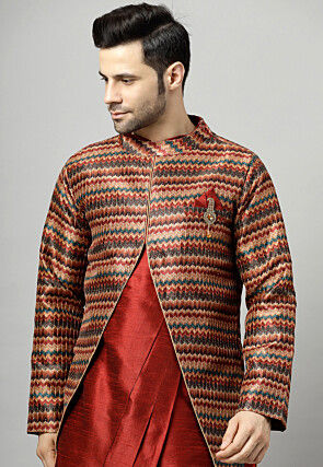 Digital Printed Raw Silk Sherwani in Maroon and Multicolor